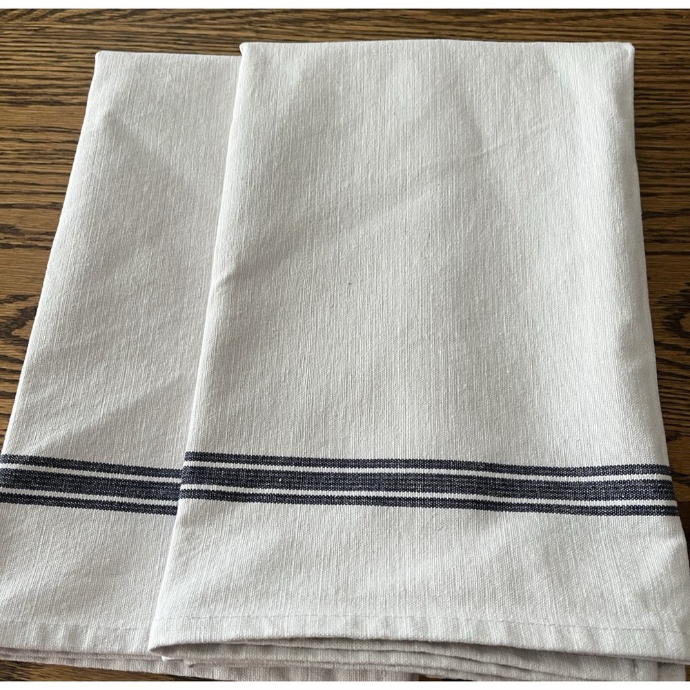 2 Redecker Kitchen Tea Hand Towels Heavy Cotton Navy Blue Stripes 18.5 x 22.5